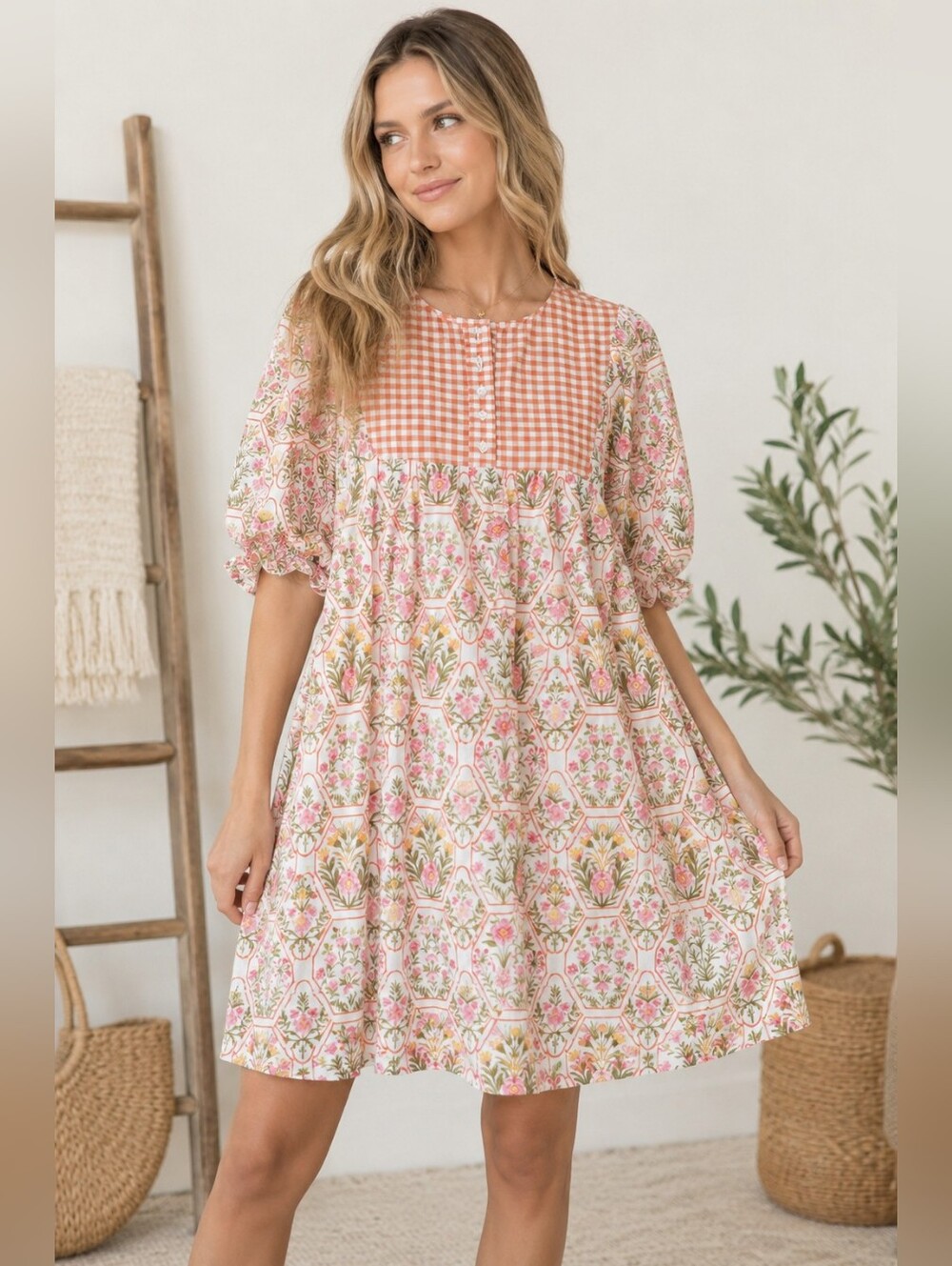 Anniewear Floral Botanical Gingham Babydoll Mini Dress Small Sample Cottagecore